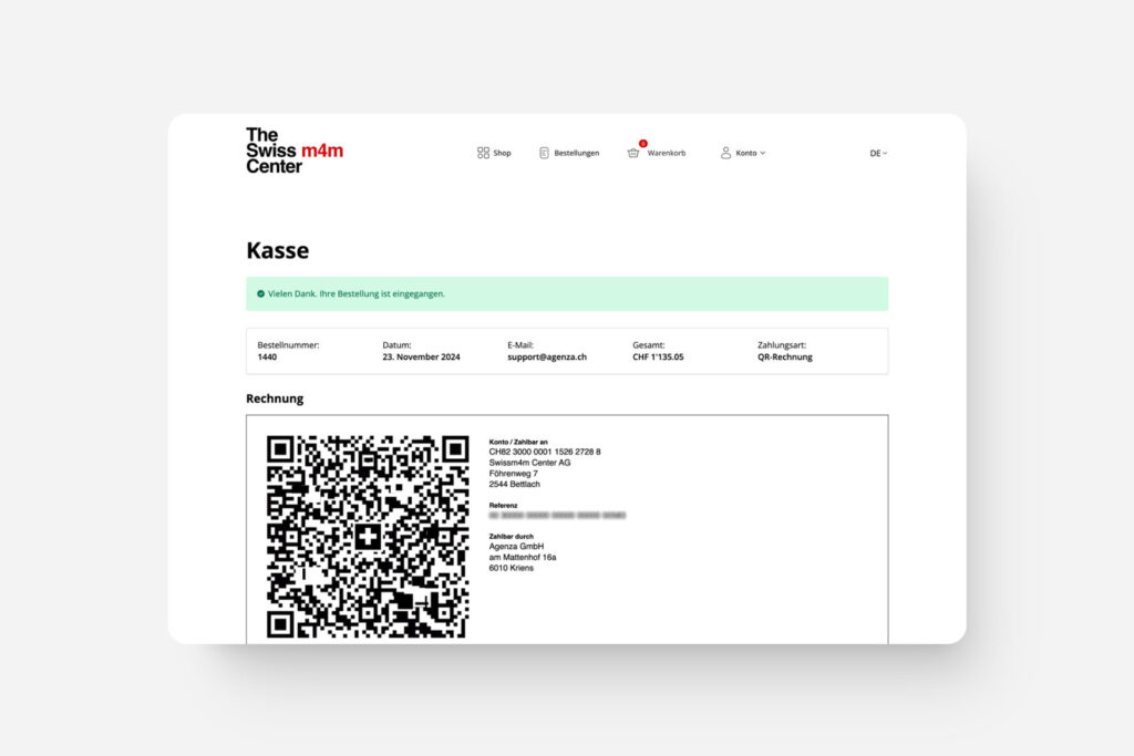 Screenshot der Bestellbestätigung mit QR-Rechnung